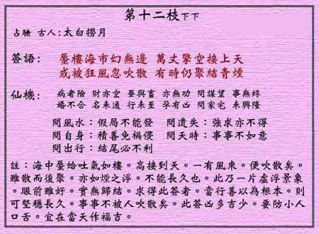 黄大仙灵签 第12签:下下 太白捞月